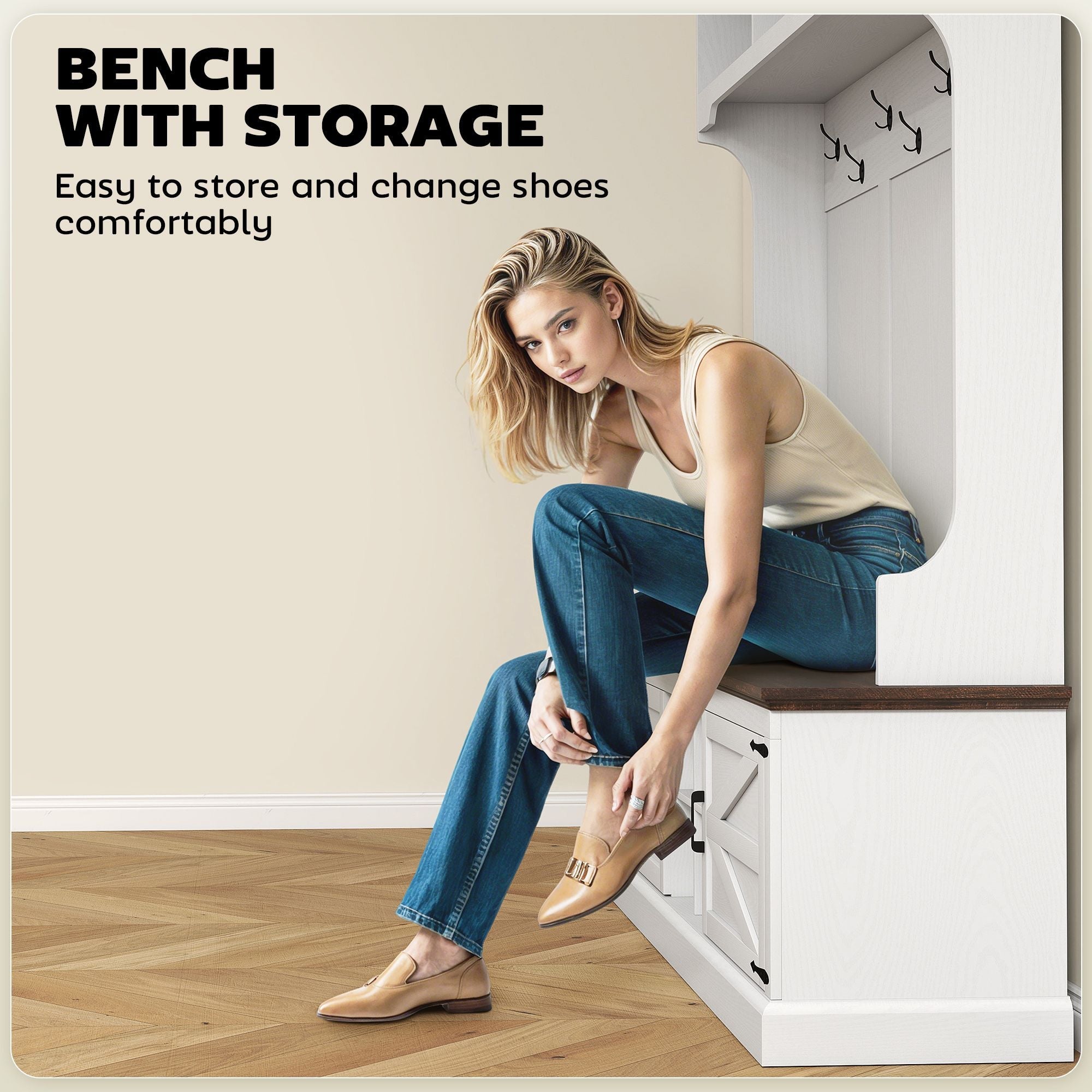 HOMCOM 3-in-1 Hall Tree with Shoe Storage, Coat Rack with Bench, Entryway Furniture with Hooks, White Wood Grain