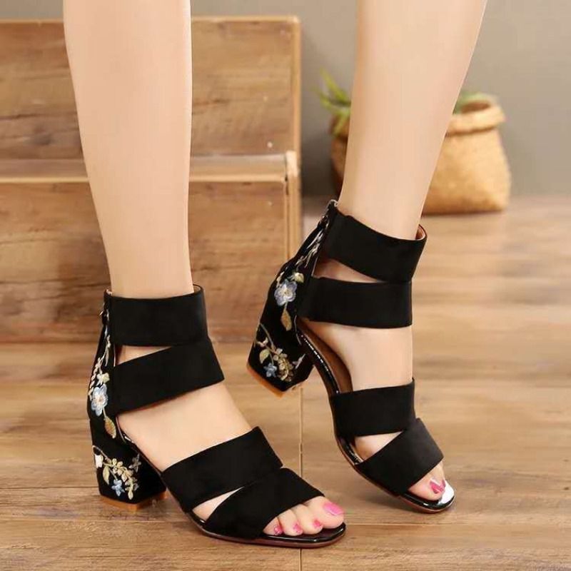 Ethnic Style Embroidered Mid-heel Sandals, Summer Casual Thick Heels Elegant Vintage Open-toed Embroidered Shoes, Women's Shoes