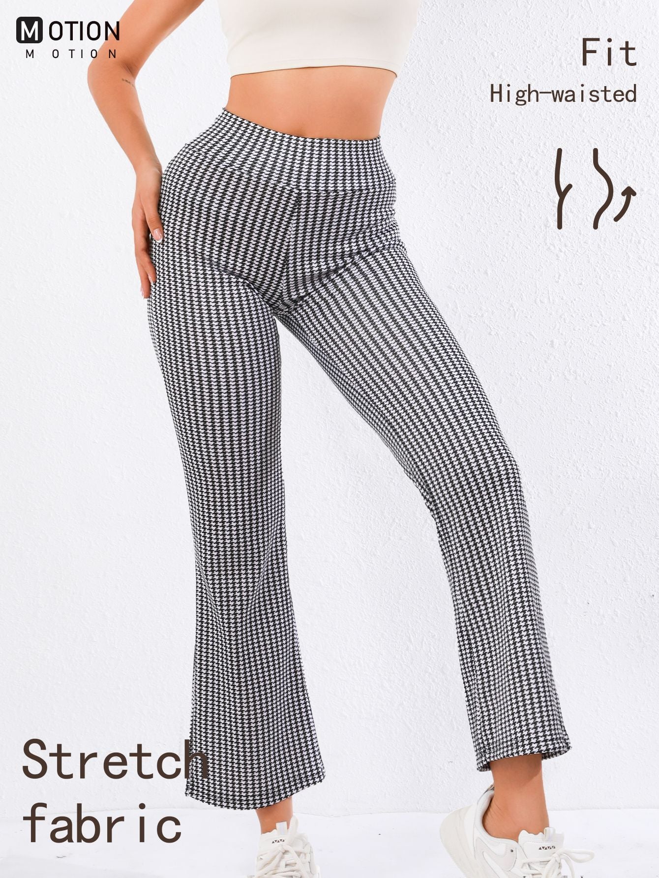 High-Waisted Houndstooth Flare Trousers â€?Sleek Fit, Comfy Stretch, Classy Look