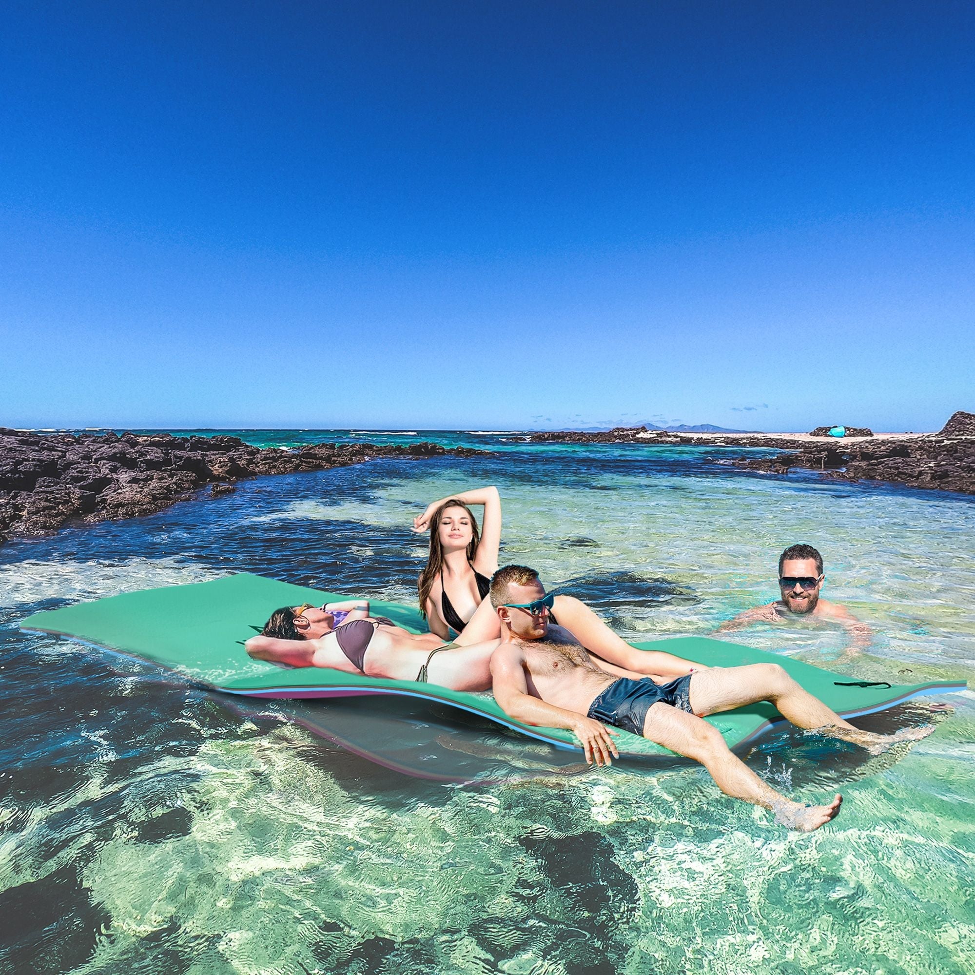 12x5ft Lily Pad Floating Mat with Drink Holders 3-Layer Portable Roll-Up Water Mat Float Dock for 2-3 People, Green