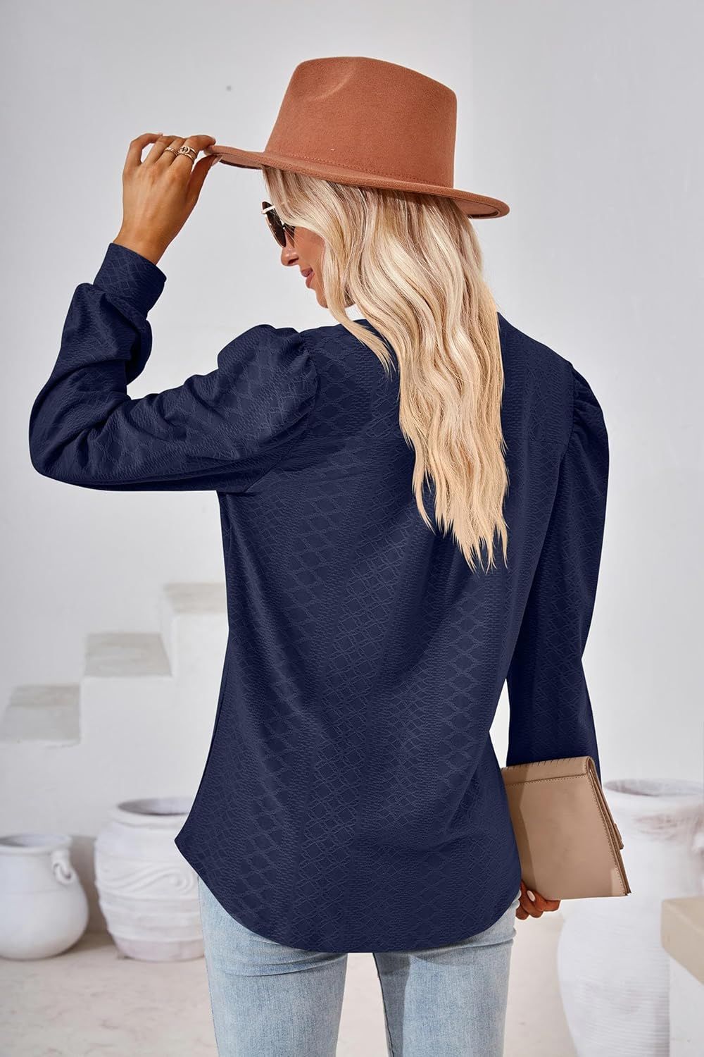 Women Tops Blouse Causal Shirts Puff Long Sleeve Tunic V Neck