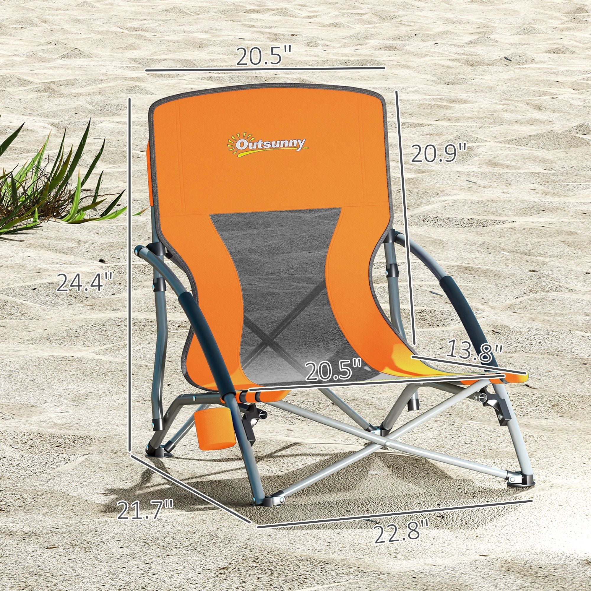 Set of 2 Folding Beach Chairs with Mesh Back, Carry Bag and Cup Holder for Outdoor Camping Lawn Sports Picnic, Orange