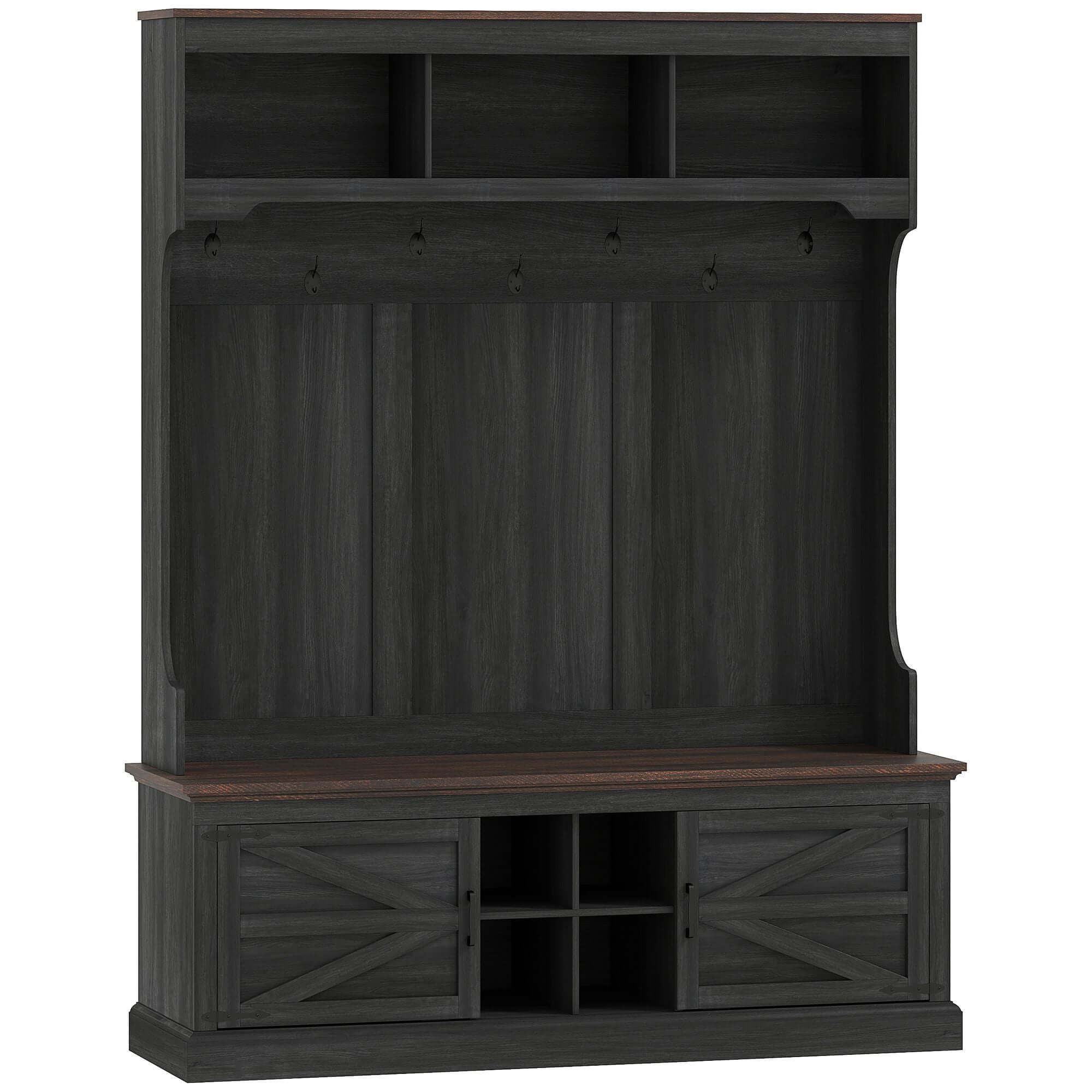 HOMCOM 3-in-1 Hall Tree with Shoe Storage, Coat Rack with Bench, Entryway Furniture with Hooks, Black Wood Grain