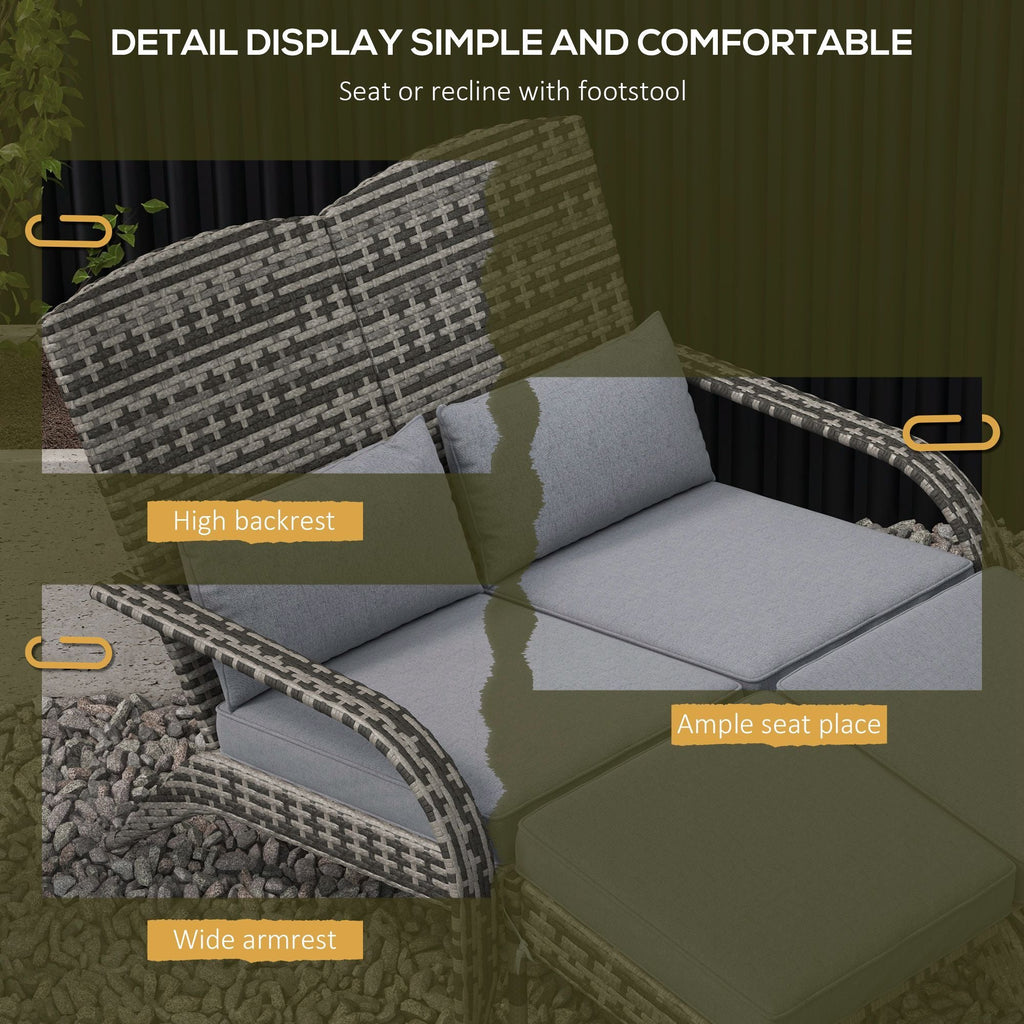 Outsunny Wicker Adirondack Chair for 2 with Cushions & Footrests, PE Rattan Double Chaise Lounge Chair, Fire Pit Chair for Porch with High-back, Wide Armrests, Mixed Gray