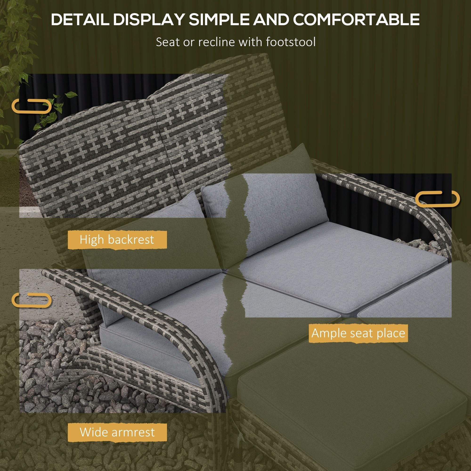 Outsunny Wicker Adirondack Chair for 2 with Cushions & Footrests, PE Rattan Double Chaise Lounge Chair, Fire Pit Chair for Porch with High-back, Wide Armrests, Mixed Gray