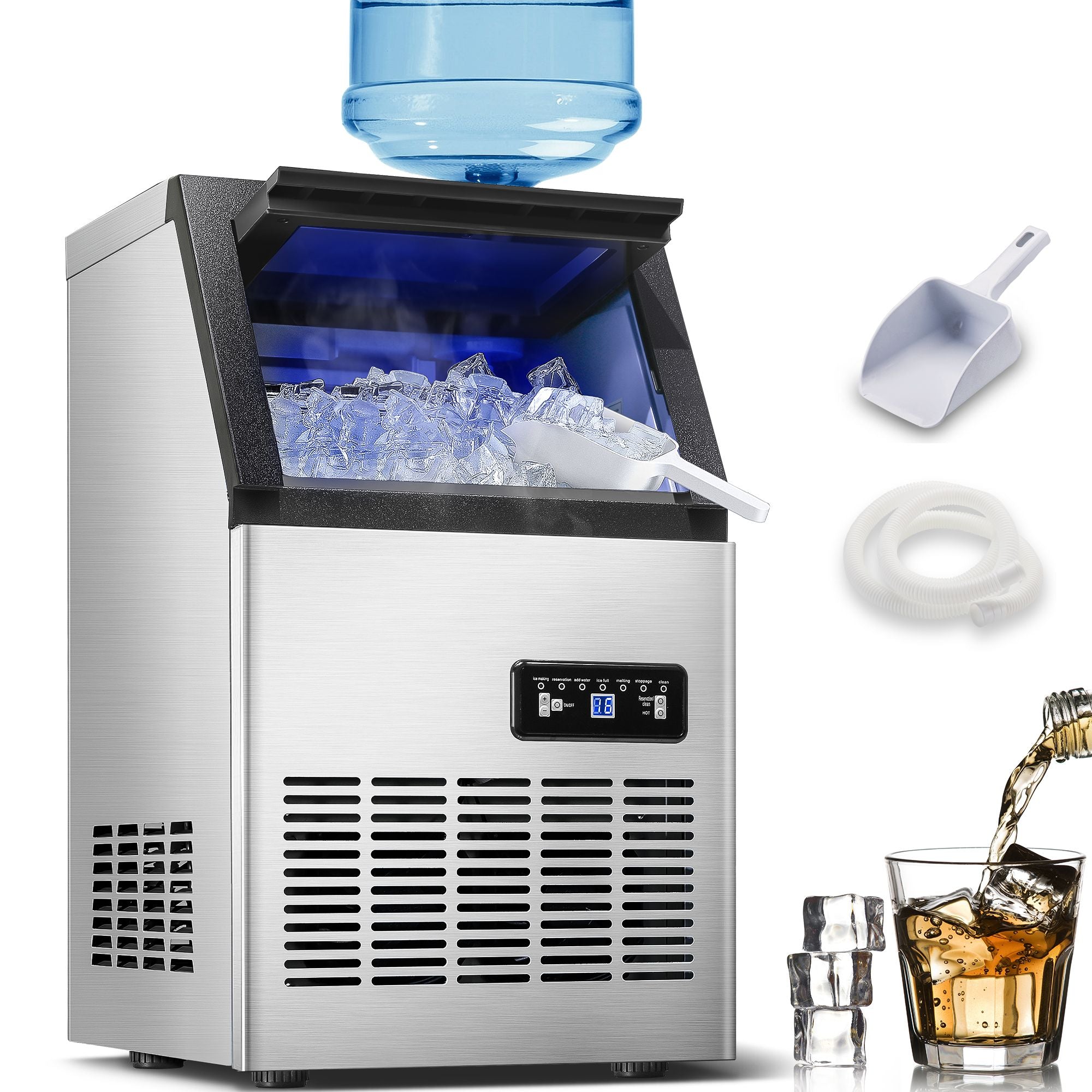 Commercial Ice Maker Machine, 80-110LBS/24H Under Counter Ice Maker, Stainless Steel Freestanding Ice Machine,Self-Cleaning, 2 Water Inlet Modes,Ideal for Restaurant,Home,Bar