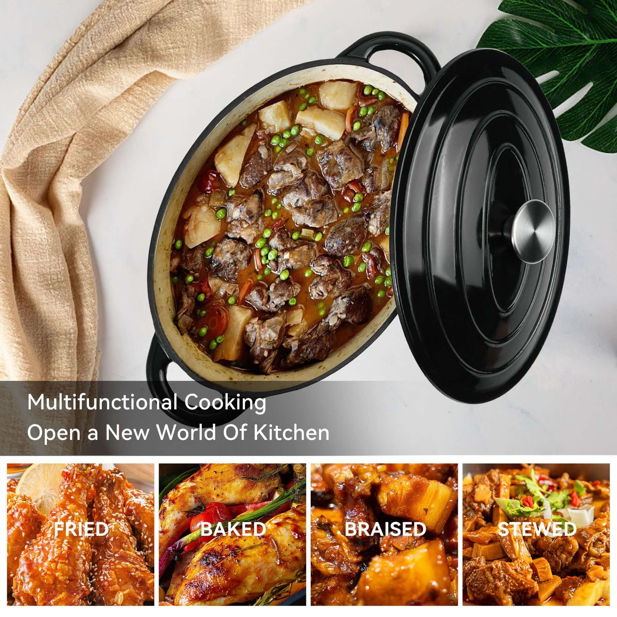 Cast iron soup POTS are suitable for various tools, such as ceramic, gas, induction cookers or barbecue grills. It can be used for cooking, baking and refrigeration.
