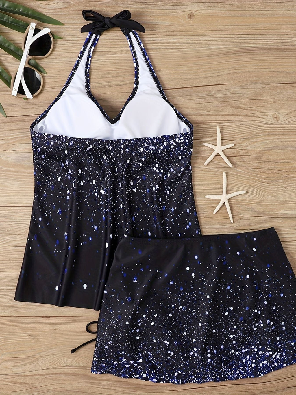 Glitter Galaxy Print Halter 2 Piece Tankini Swimsuit, Tie Neck Backless Drawstring V Neck Stretchy Bathing Suit, Women's Swimwear & Clothing