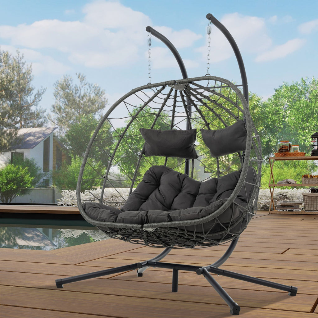 2 Persons Egg Chair with Stand Indoor Outdoor Swing Chair Patio Wicker Hanging Egg Chair Hanging Basket Chair with Stand for Bedroom Living Room Balcony