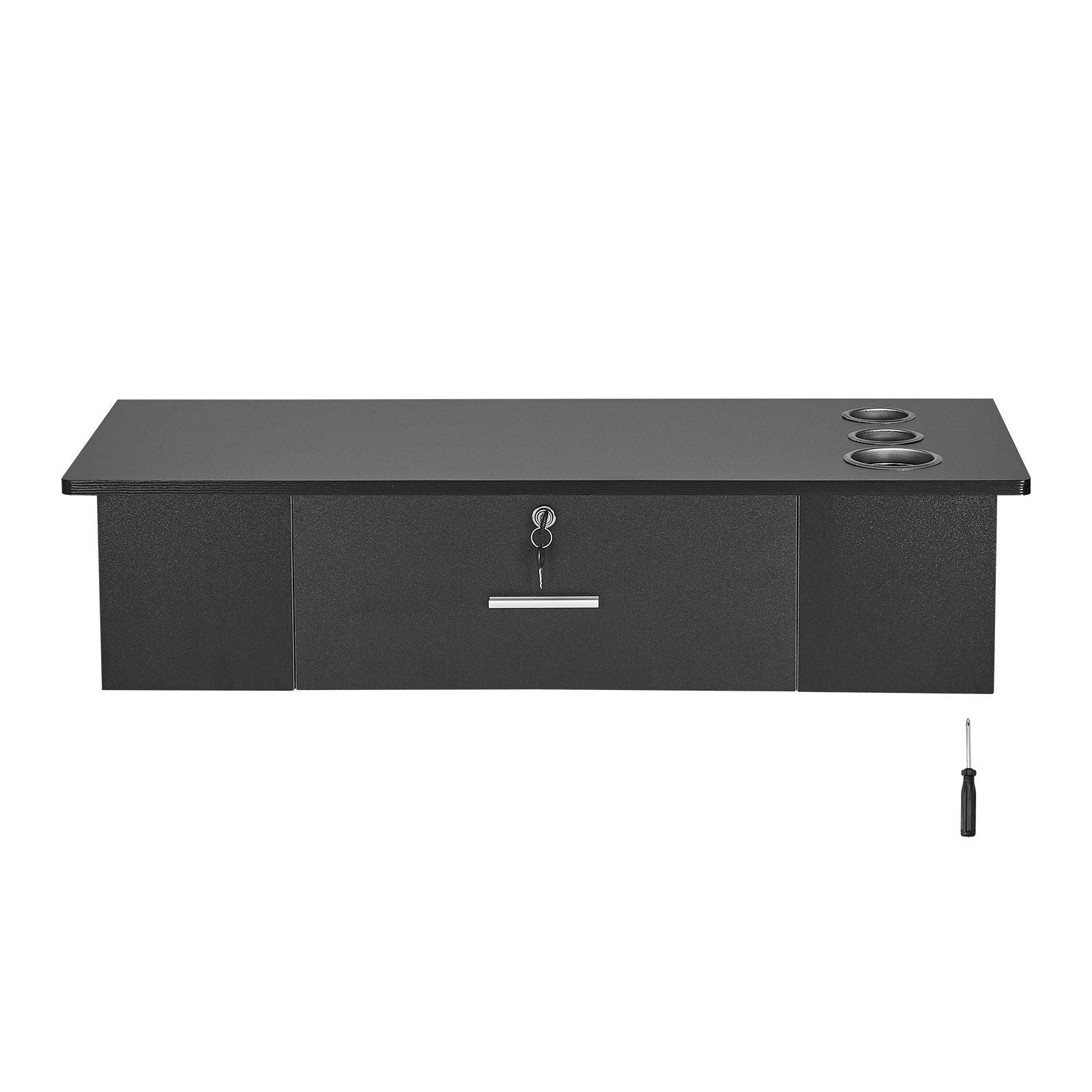 VEVOR Wall-Mounted Salon Workstation, Equipped with 3 Holders for Hair Dryers, Secure Drawer with Lock, Ideal for SPA, Hairdressing Salons, Home & Bathroom Use, in Sleek Black