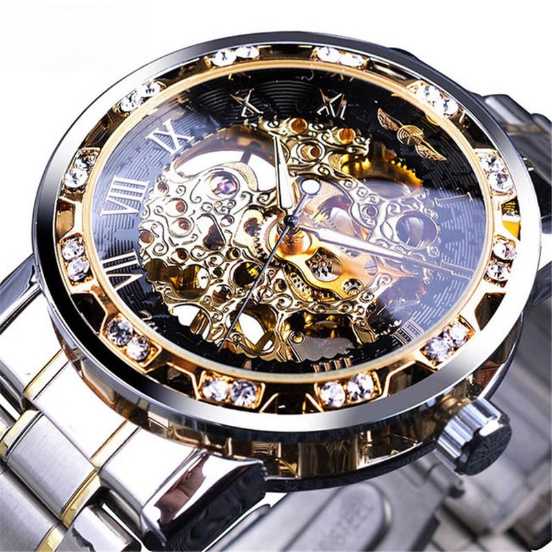 Watch men's fashion casual classic popular skeleton rhinestone manual mechanical watch