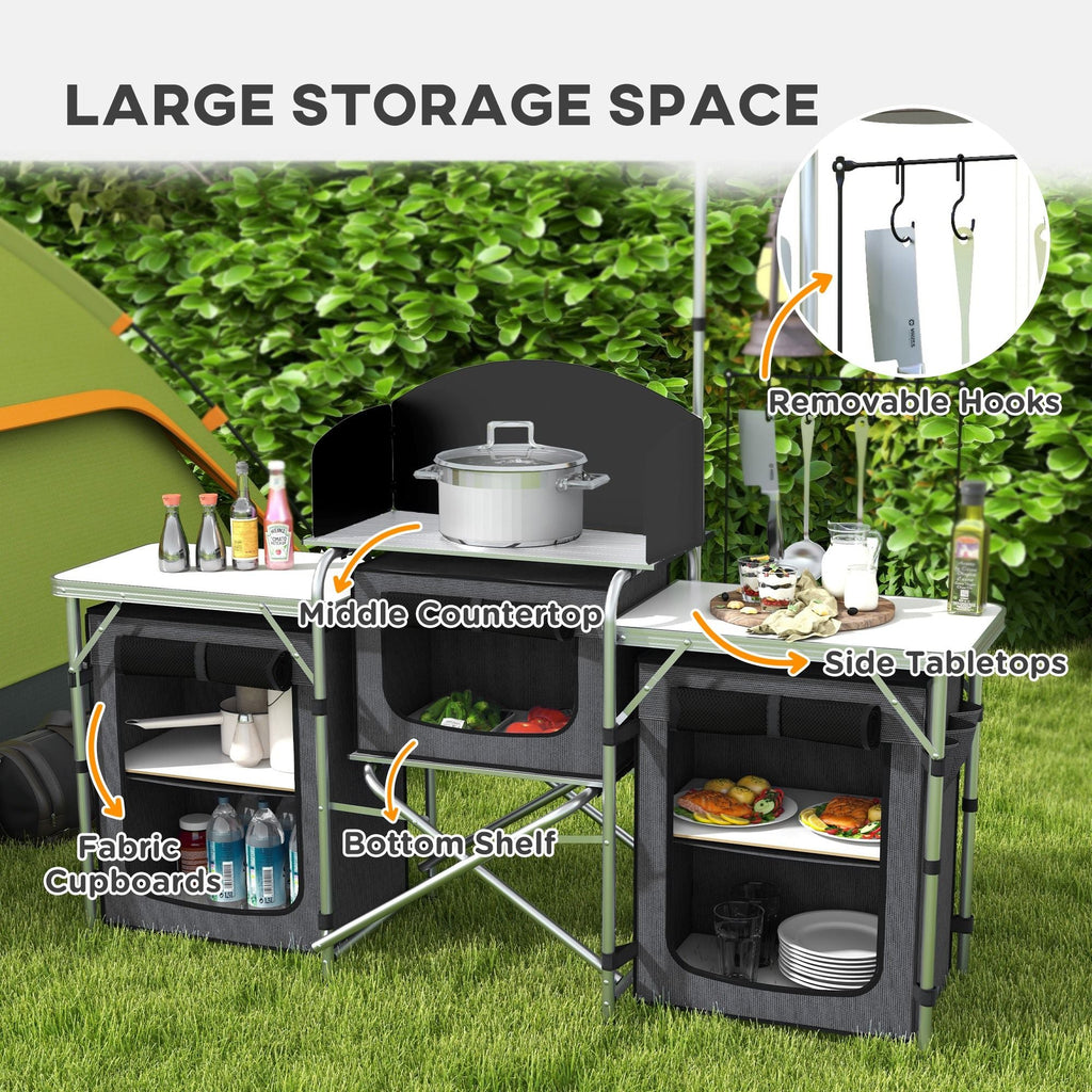 Portable Camping Kitchen Table with Storage Windshield for BBQ Picnic Black