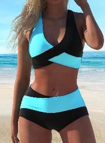 Women's Bikini Set High Waisted Twist Swimsuit Colorblock Halter Two Piece Bathing Suit