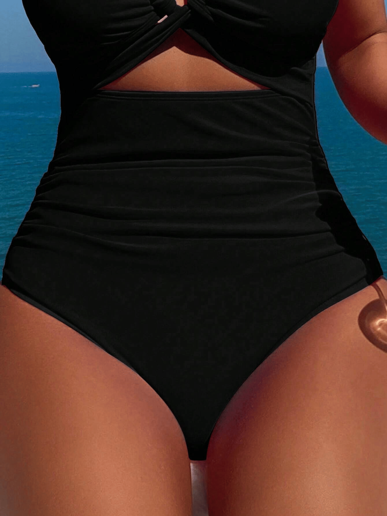 Ladies' cross pleated sexy hanging neck and exposed waist one-piece bikini swimsuit