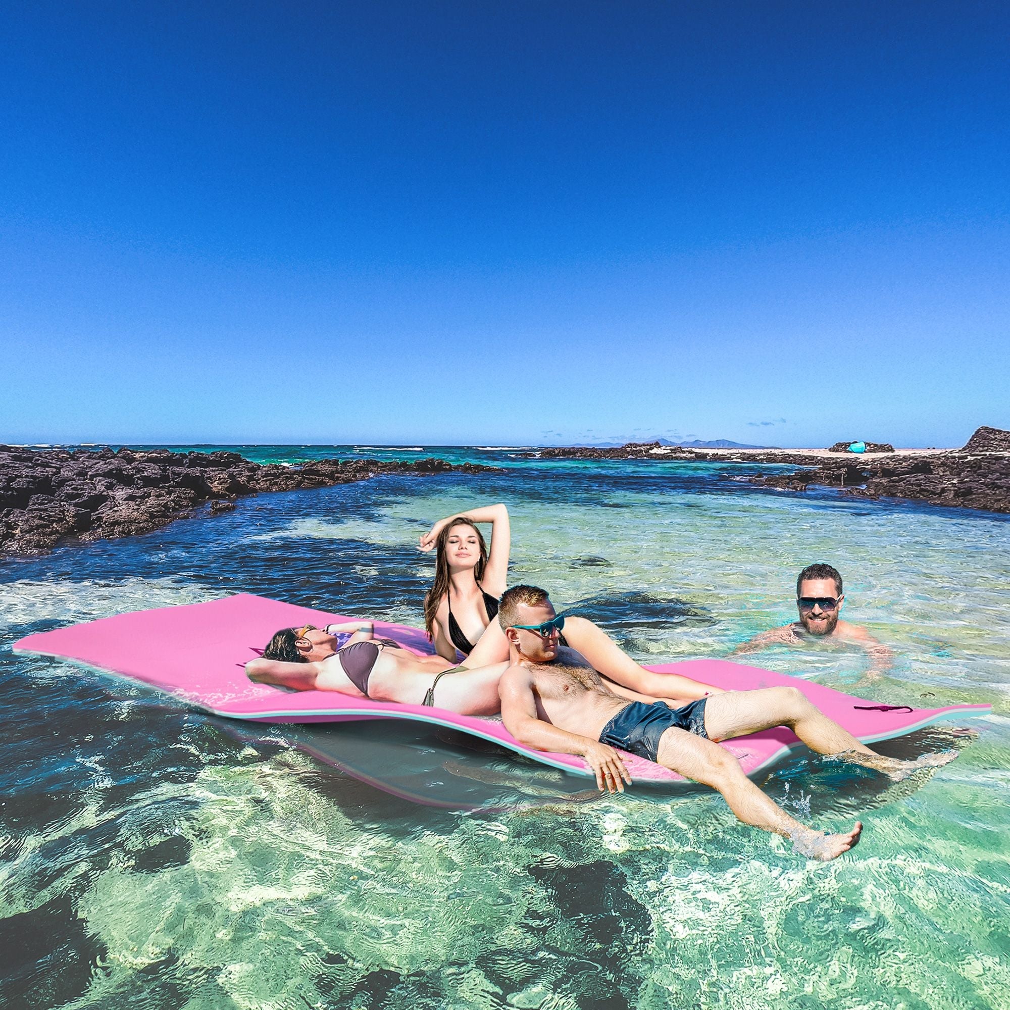 12.5'x5' Pink Lily Pad Floating Mat for Pool & Lake, 3-Layer Portable Water Mat Float with Drink Holders
