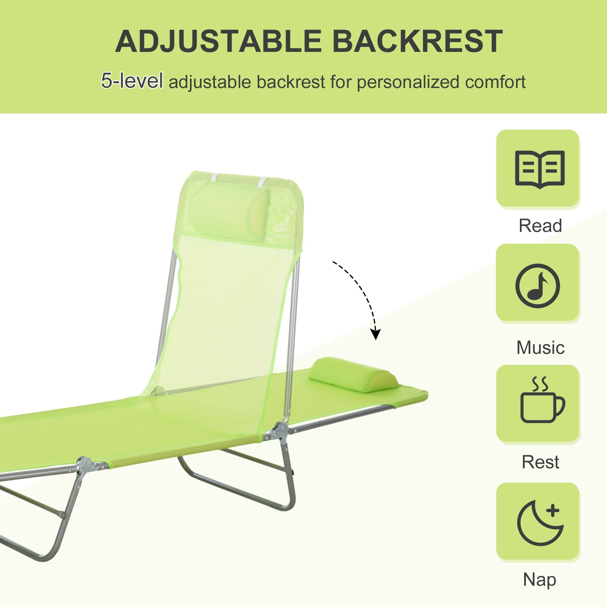 Outsunny Folding Chaise Lounge Chair, Green, Portable, 6-Level Adjustable Back, Pillow Included, Ideal for Patio, Garden, Beach