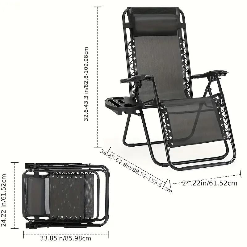 Portable Reclining Lounge Chair for Beach Camping Patio Outdoor Folding Relaxation Chair with Cup Tray and Adjustable Pillow for Poolside Garden Lawn Use