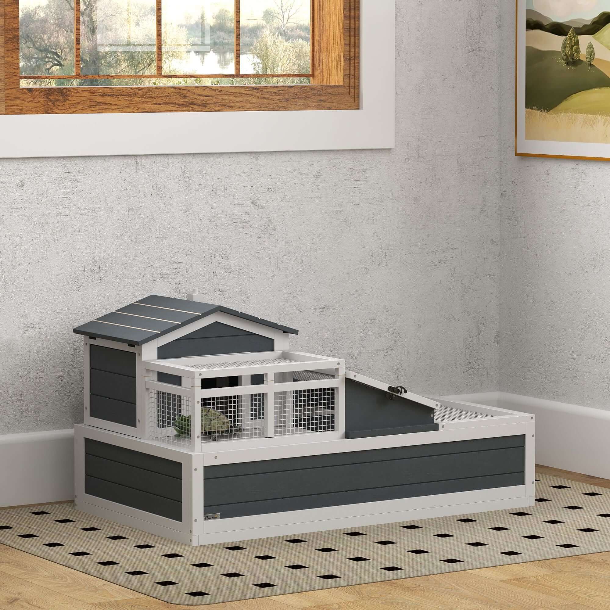 PawHut 3-Room Tortoise Habitat, Indoors & Outdoors Wooden Turtle Enclosure w/ Balcony & 2 Stories, 44" x 25.5" x 23", Gray