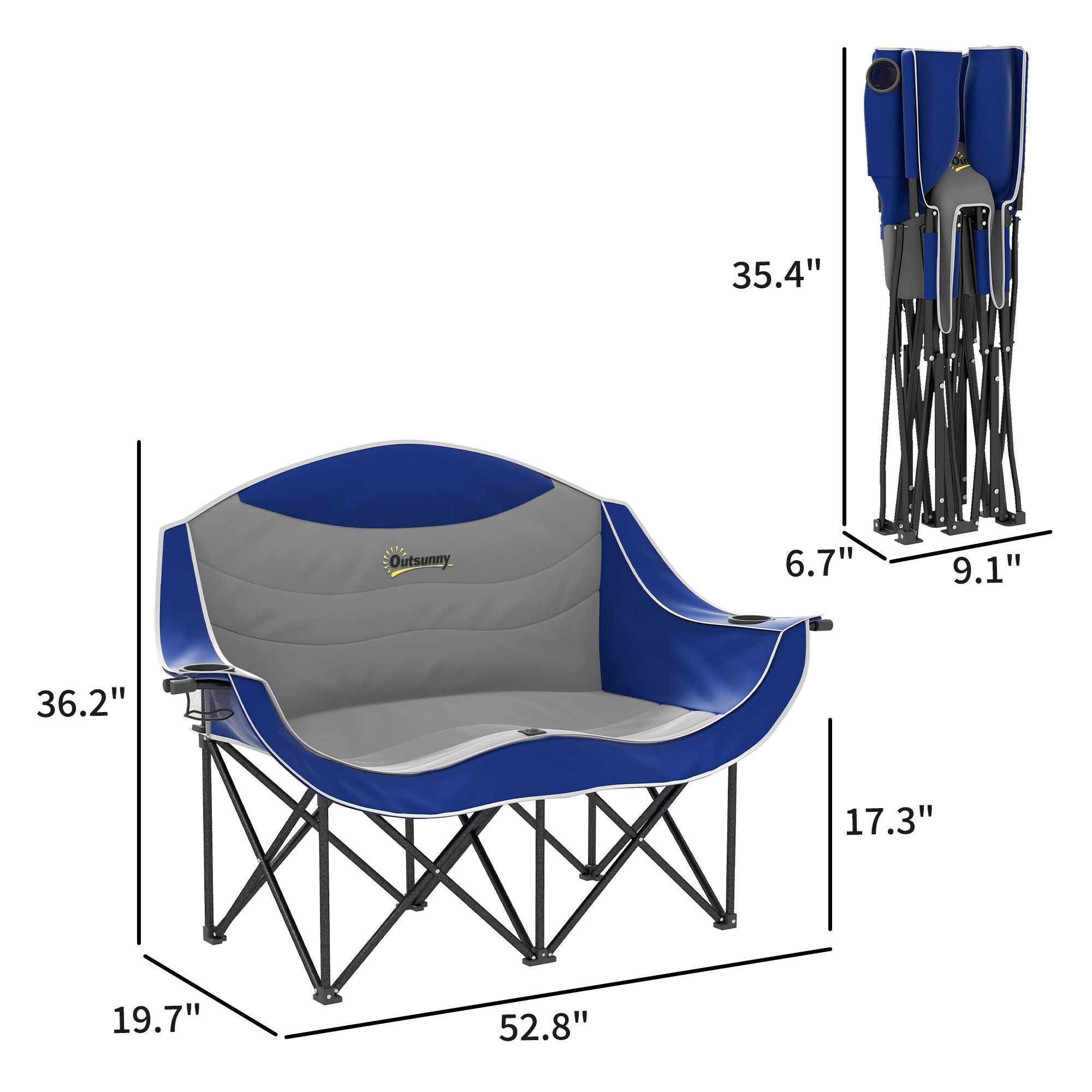 Padded Folding Camp Chair for Adults, Double Camping Chairwith Armrests, Cup Holders, Carry Bag for Outdoor, Blue
