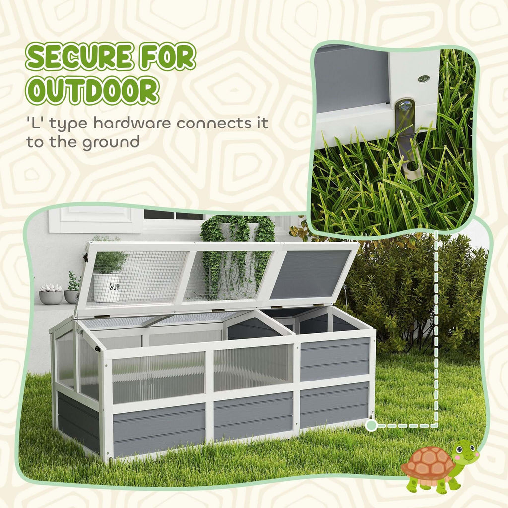 PawHut Tortoise Habitat Outdoor Tortoise Enclosure with Bottomless Design, Doors, PC Sun Panel Windows, for Small Animals, Light Gray