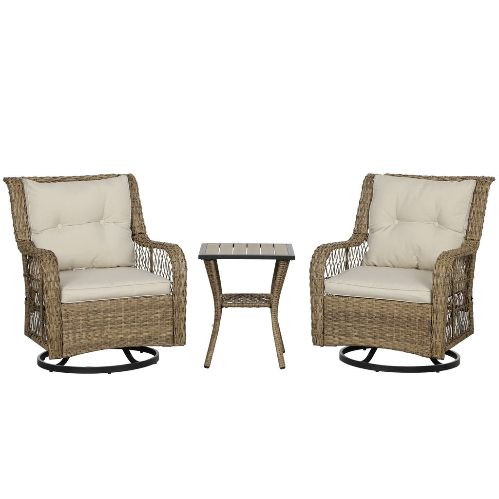 Outsunny 3 Piece Outdoor Bistro Set, Wicker Small Patio Furniture Set with Swivel Glider Chairs for Balcony, Porch, Beige