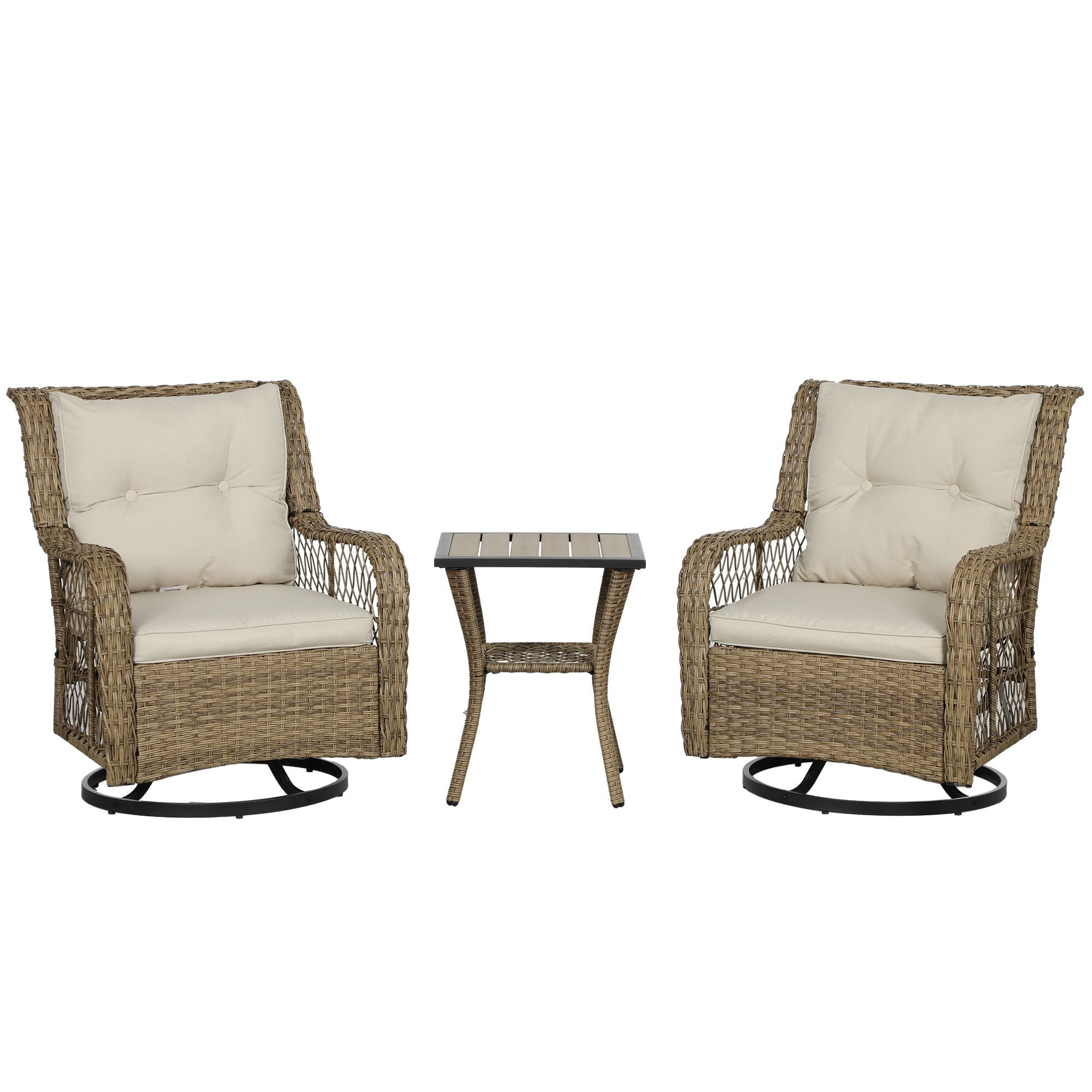 Outsunny 3 Piece Outdoor Bistro Set, Wicker Small Patio Furniture Set with Swivel Glider Chairs for Balcony, Porch, Beige