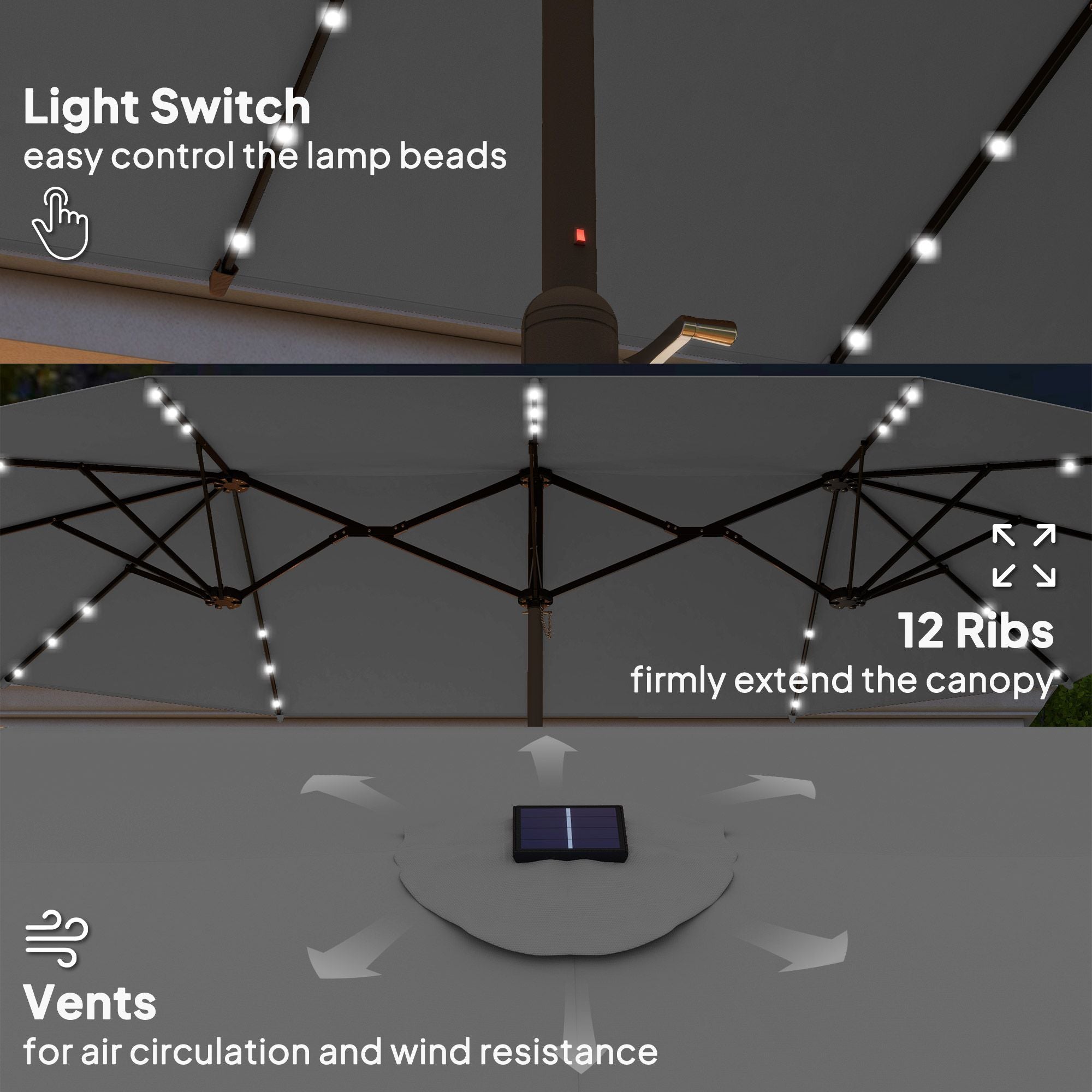 Outsunny Garden Parasol 14.4ft Double-Sided Sun Umbrella with Base, Patio Parasol with LED Solar Lights, Gray