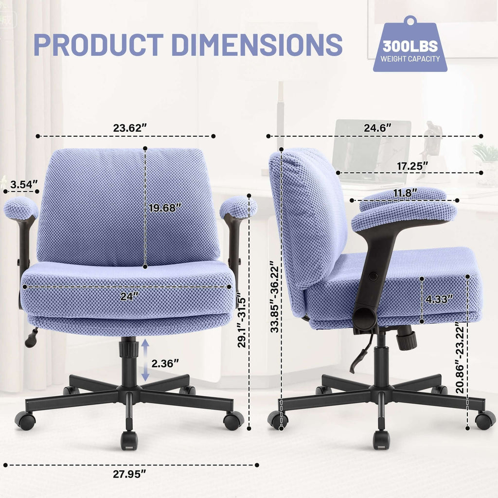 Criss Cross Chair with Wheels and Flip Arms- Comfy Fabric Cross Legged Office Chair with Thick Cushion&Wide Seat, Adjustable Swivel Desk Chair for Home Office, Apartment, Bedroom