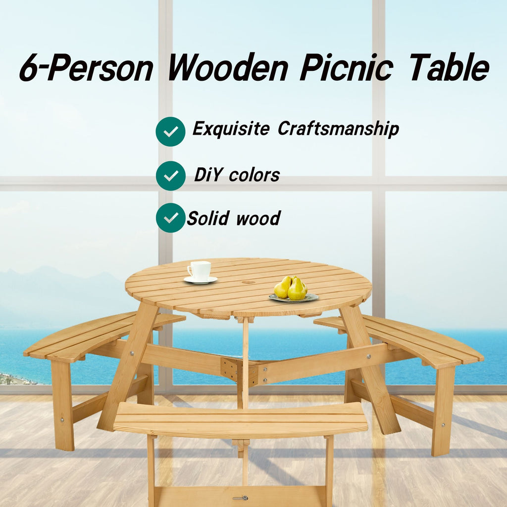 Outdoor 6 Person Picnic Table, 6 person Round Picnic Table with 3 Built-in Benches, Umbrella Hole, Outside Table and Bench Set for Garden, Backyard, Porch, Patio, Natural