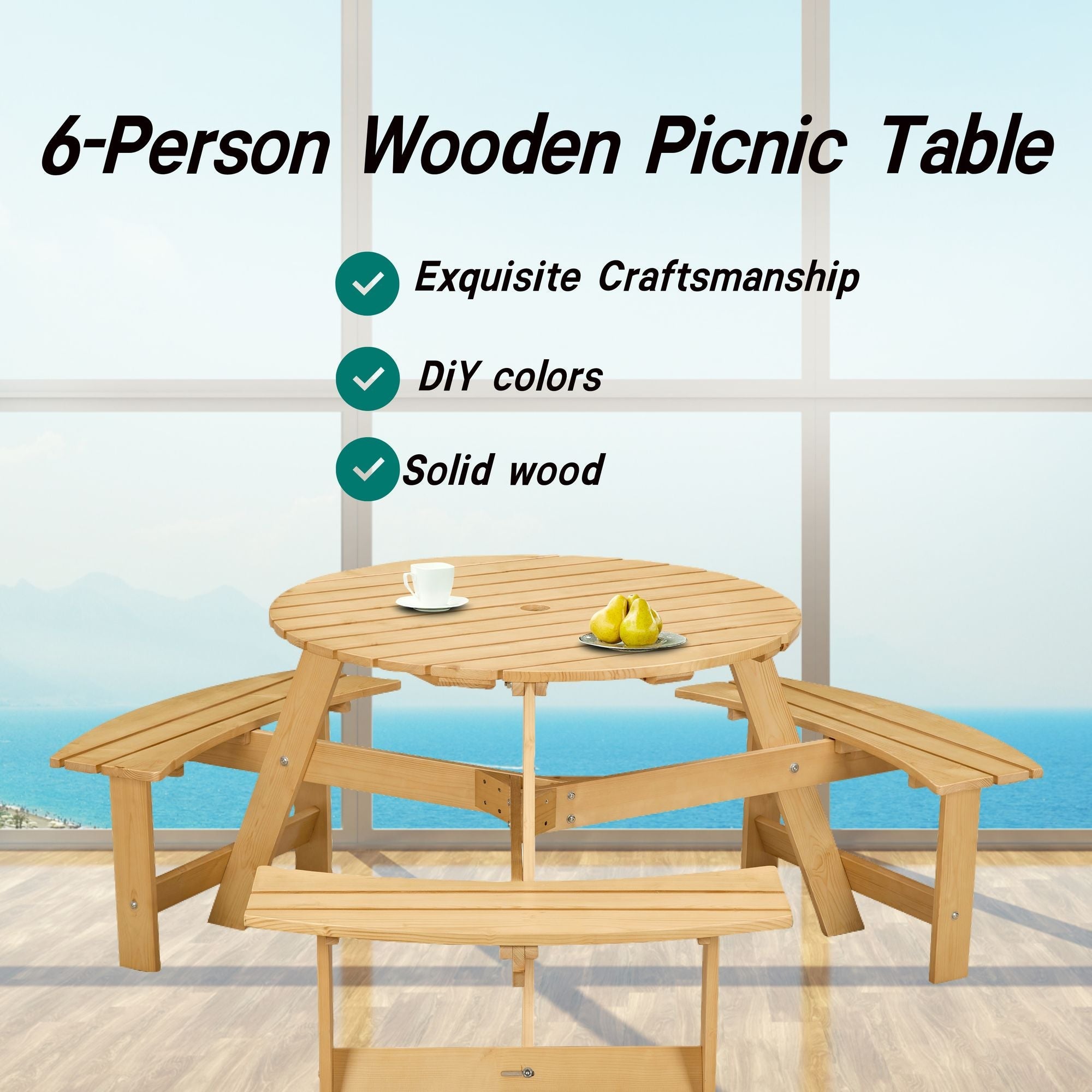 Outdoor 6 Person Picnic Table, 6 person Round Picnic Table with 3 Built-in Benches, Umbrella Hole, Outside Table and Bench Set for Garden, Backyard, Porch, Patio, Natural
