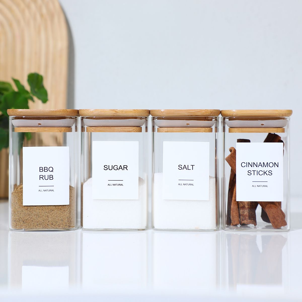 High Borosilicate Glass Spice Jar with Label and Bamboo Lid (24 x 8 Ounces), Spice Container with 72 Printed Labels and 20 Handwritten Labels, Empty Square Seasoning