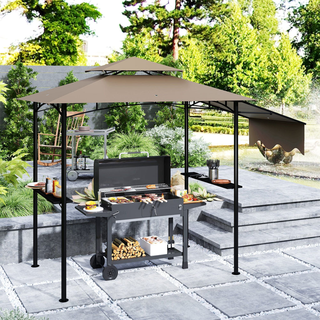 Outsunny 8' x 5' Outdoor Grill Gazebo, Barbecue Gazebo Shelter with Side Awning, 2 Side Shelves and 6 Hooks, Brown