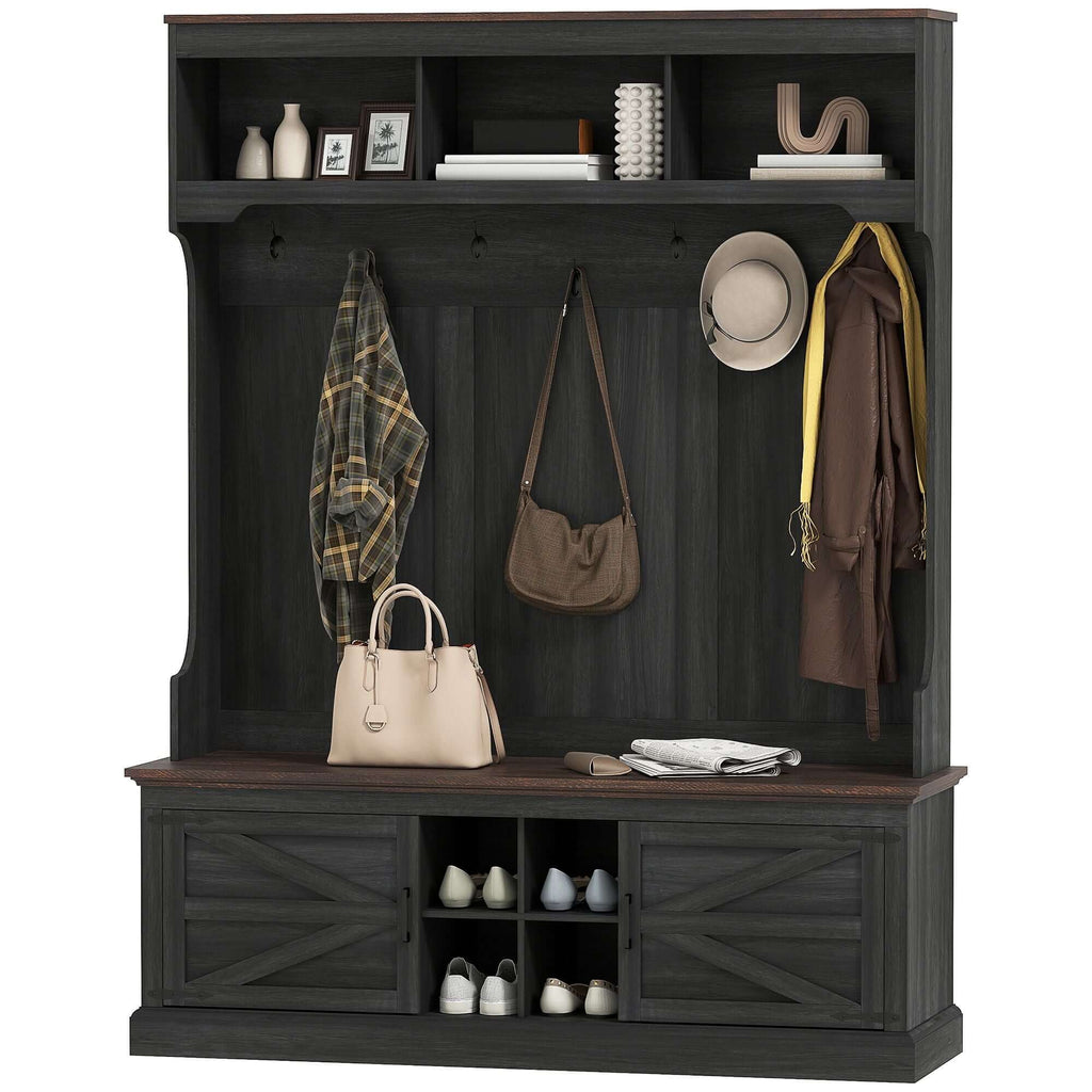 HOMCOM 3-in-1 Hall Tree with Shoe Storage, Coat Rack with Bench, Entryway Furniture with Hooks, Black Wood Grain