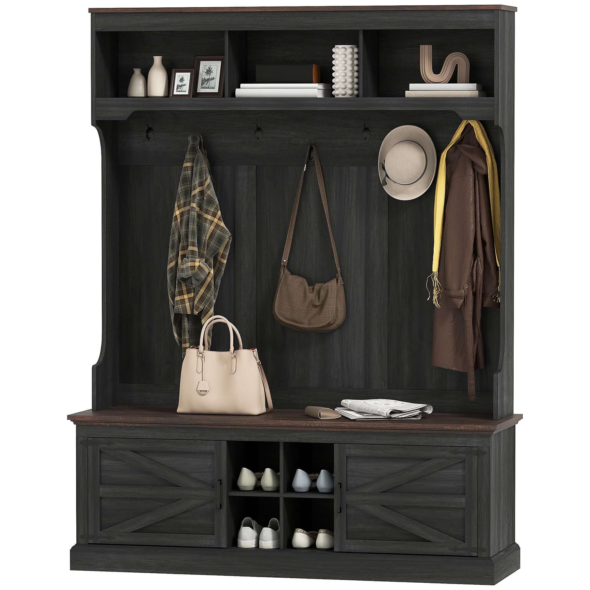 HOMCOM 3-in-1 Hall Tree with Shoe Storage, Coat Rack with Bench, Entryway Furniture with Hooks, Black Wood Grain