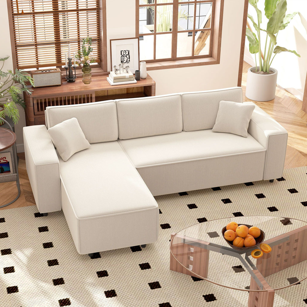 HOMCOM Corner Sofa with Reversible Chaise Lounge, Corduroy L-Shaped Sectional Sofa with Pocket Spring, Cream White