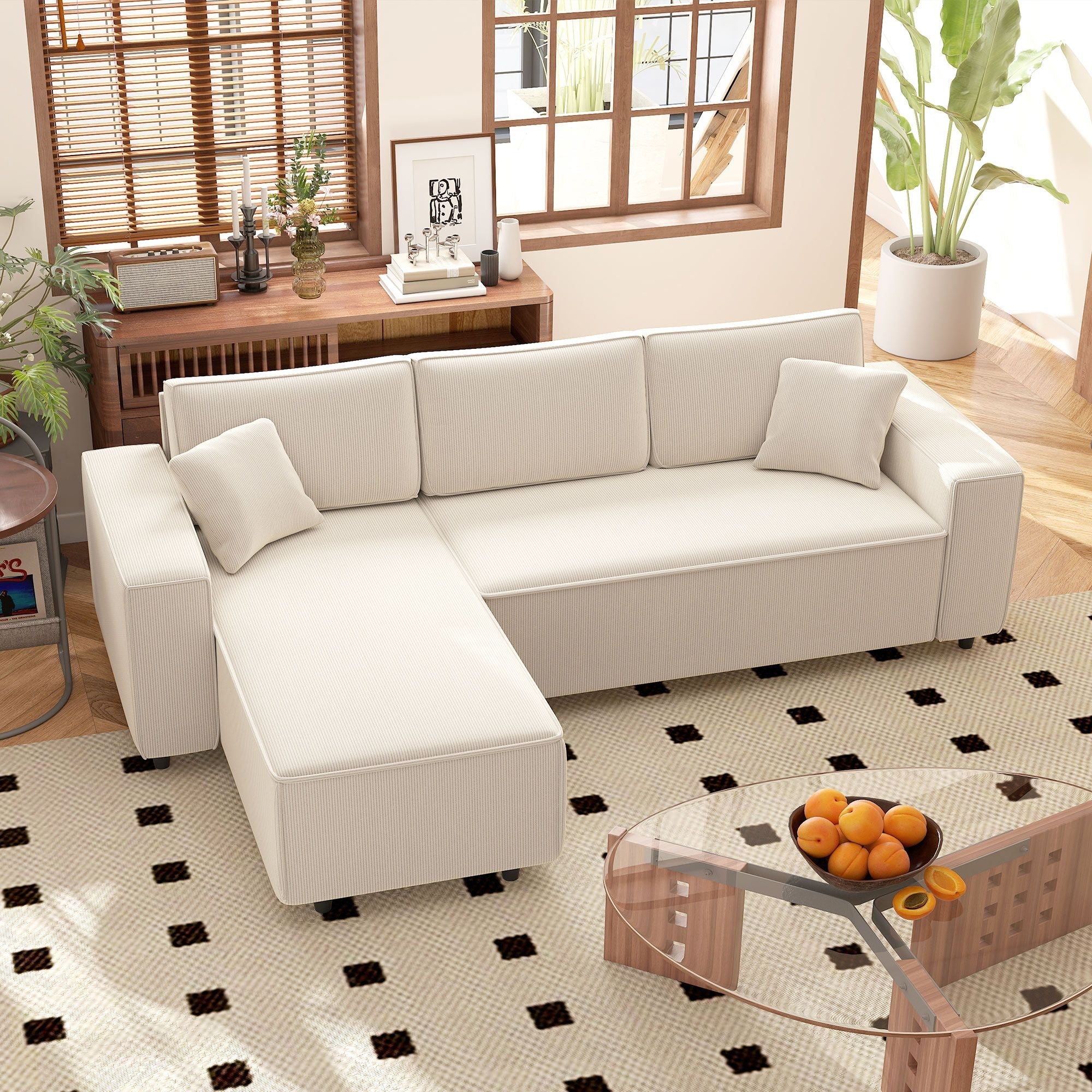 HOMCOM Corner Sofa with Reversible Chaise Lounge, Corduroy L-Shaped Sectional Sofa with Pocket Spring, Cream White