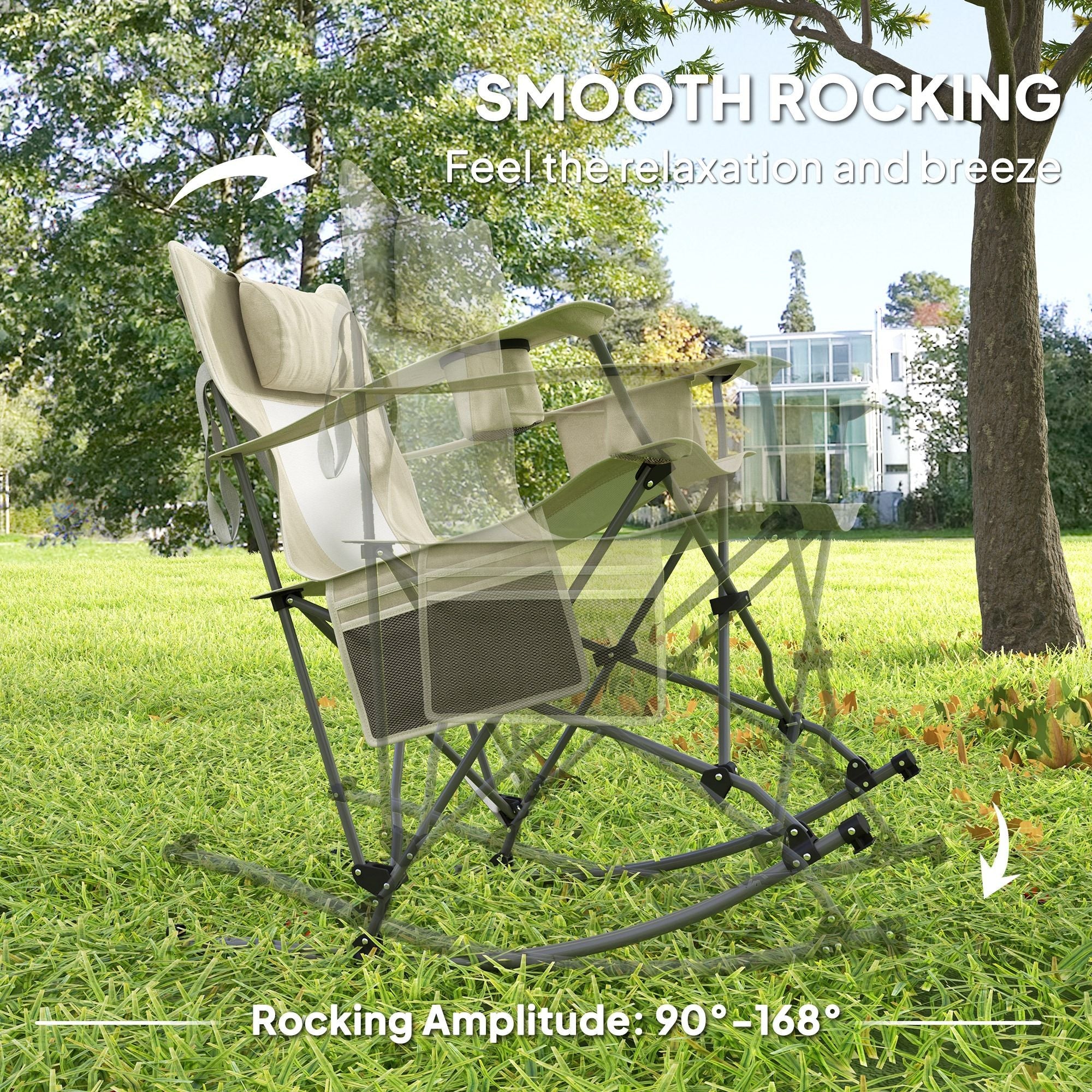 Folding Rocking Camping Chairs, Portable Chairs with Headrest, Cooler Bag, Cup Holder, Carry Bag, 2 Pack, Cream