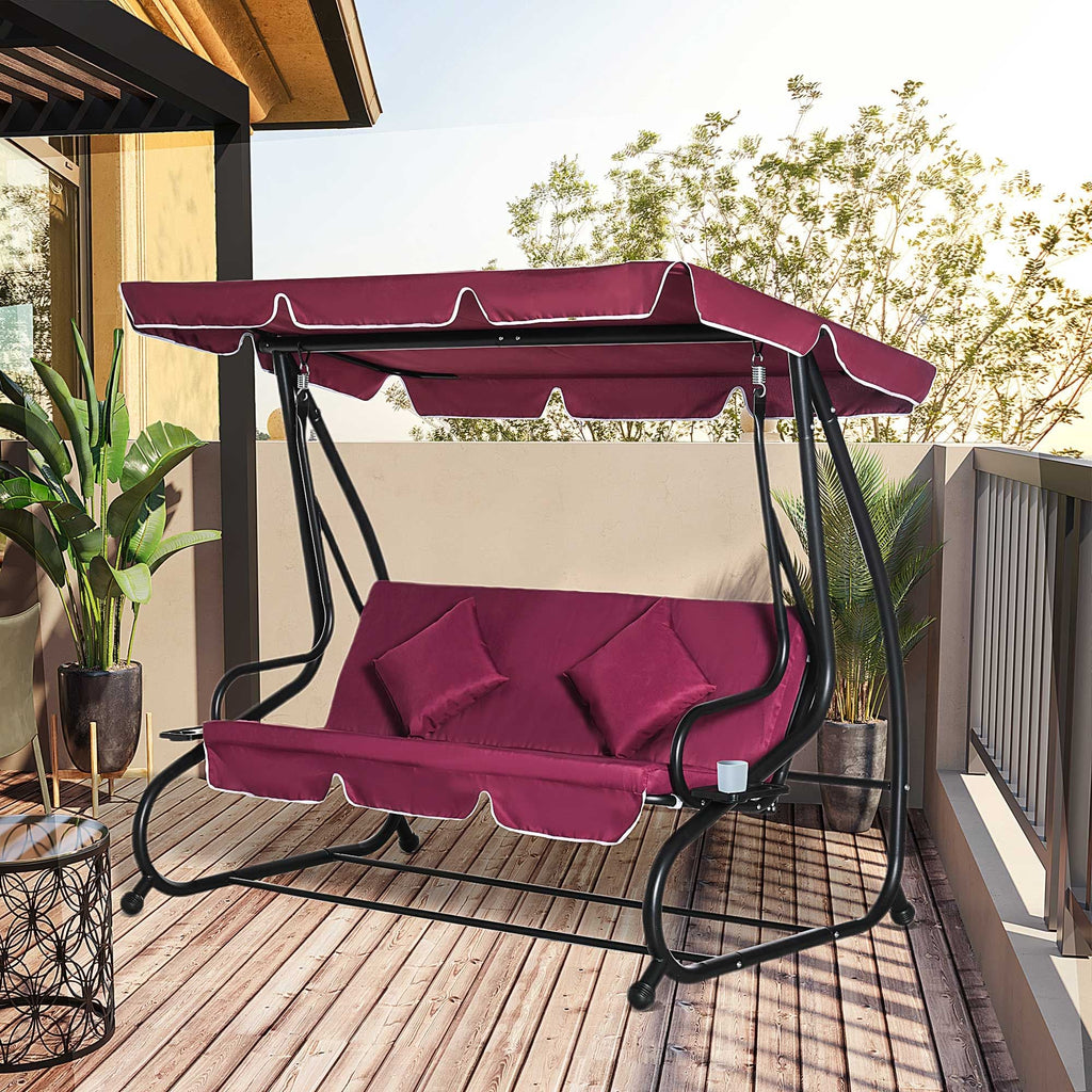 Outsunny 3-Seater Swing Bench with Stand Red Cushioned Outdoor Porch Swing Comfortable Canopy Included