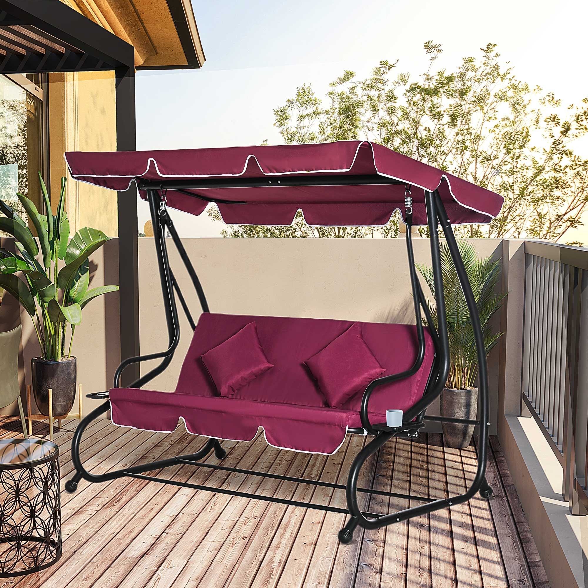 Outsunny 3-Seater Swing Bench with Stand Red Cushioned Outdoor Porch Swing Comfortable Canopy Included