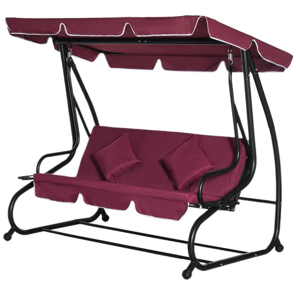 Outsunny 3-Seater Swing Bench with Stand Red Cushioned Outdoor Porch Swing Comfortable Canopy Included