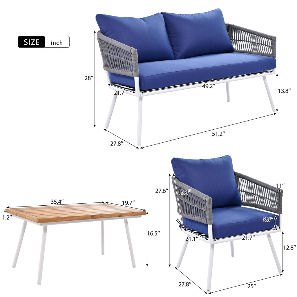 4-Piece Patio Furniture Set, Outdoor Furniture with Acacia Wood Table, Patio Conversation Set with Deep Seating & Thick Cushion for Backyard Porch Balcony