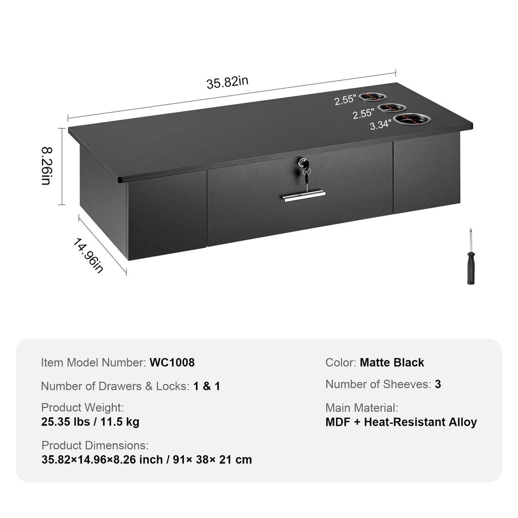 VEVOR Wall-Mounted Salon Workstation, Equipped with 3 Holders for Hair Dryers, Secure Drawer with Lock, Ideal for SPA, Hairdressing Salons, Home & Bathroom Use, in Sleek Black