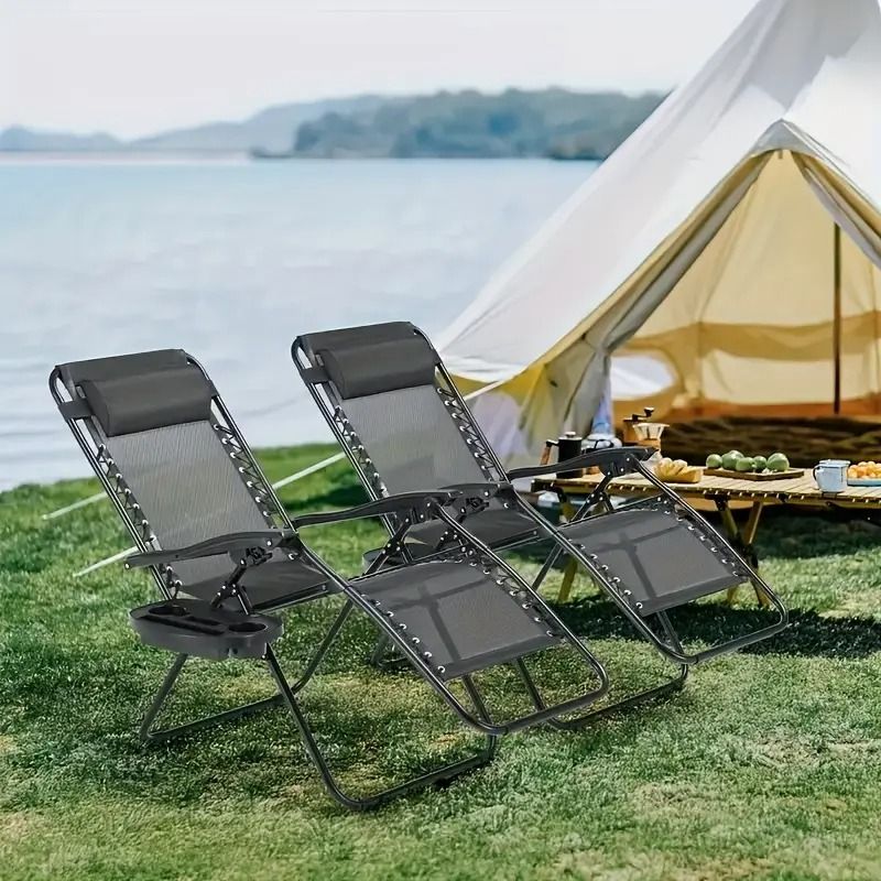 Portable Reclining Lounge Chair for Beach Camping Patio Outdoor Folding Relaxation Chair with Cup Tray and Adjustable Pillow for Poolside Garden Lawn Use