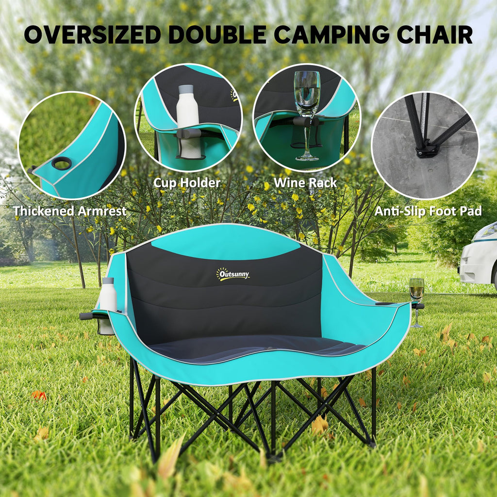 Padded Folding Camp Chair for Adults, Double Camping Chairwith Armrests, Cup Holders, Carry Bag for Outdoor, Green