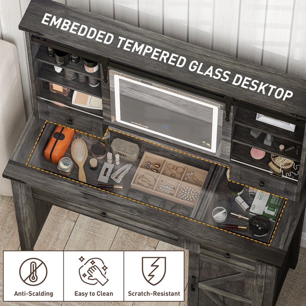 HOMCOM Vanity Desk Set with Mirror and Lights, Cushioned Stool, Storage Drawer, Cabinet, Shelves for Bedroom, Gray