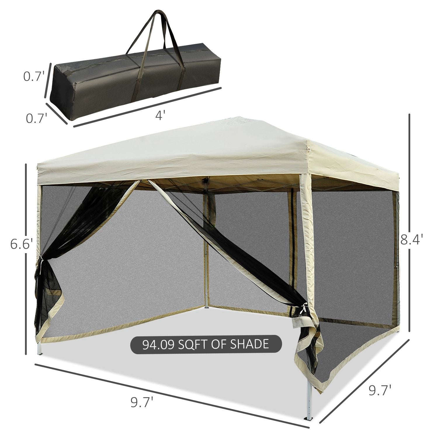 Outsunny 10x10 Pop Up Canopy Tent, Mesh Sidewalls, Adjustable Height, Carry Bag Included - Garden Patio Shade, Easy Setup
