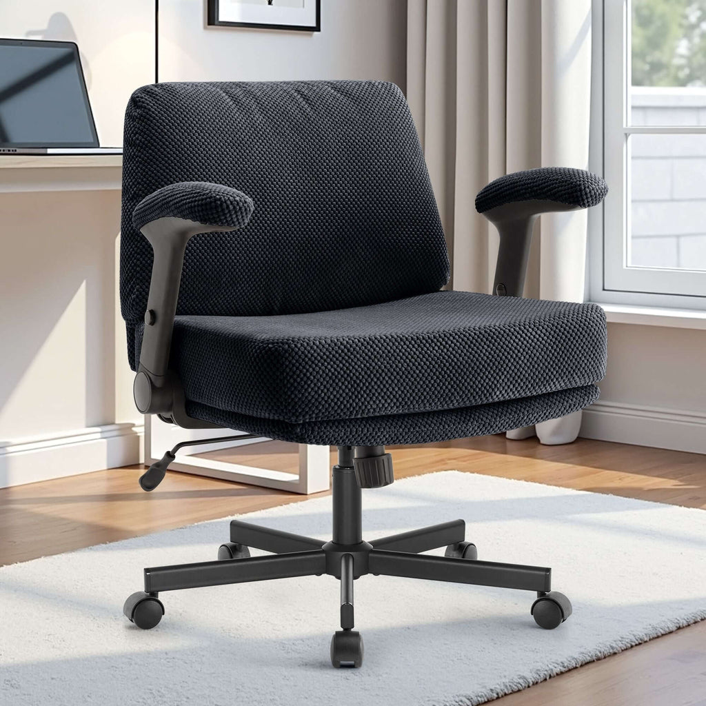 Criss Cross Chair with Wheels and Flip Arms- Comfy Fabric Cross Legged Office Chair with Thick Cushion&Wide Seat, Adjustable Swivel Desk Chair for Home Office, Apartment, Bedroom