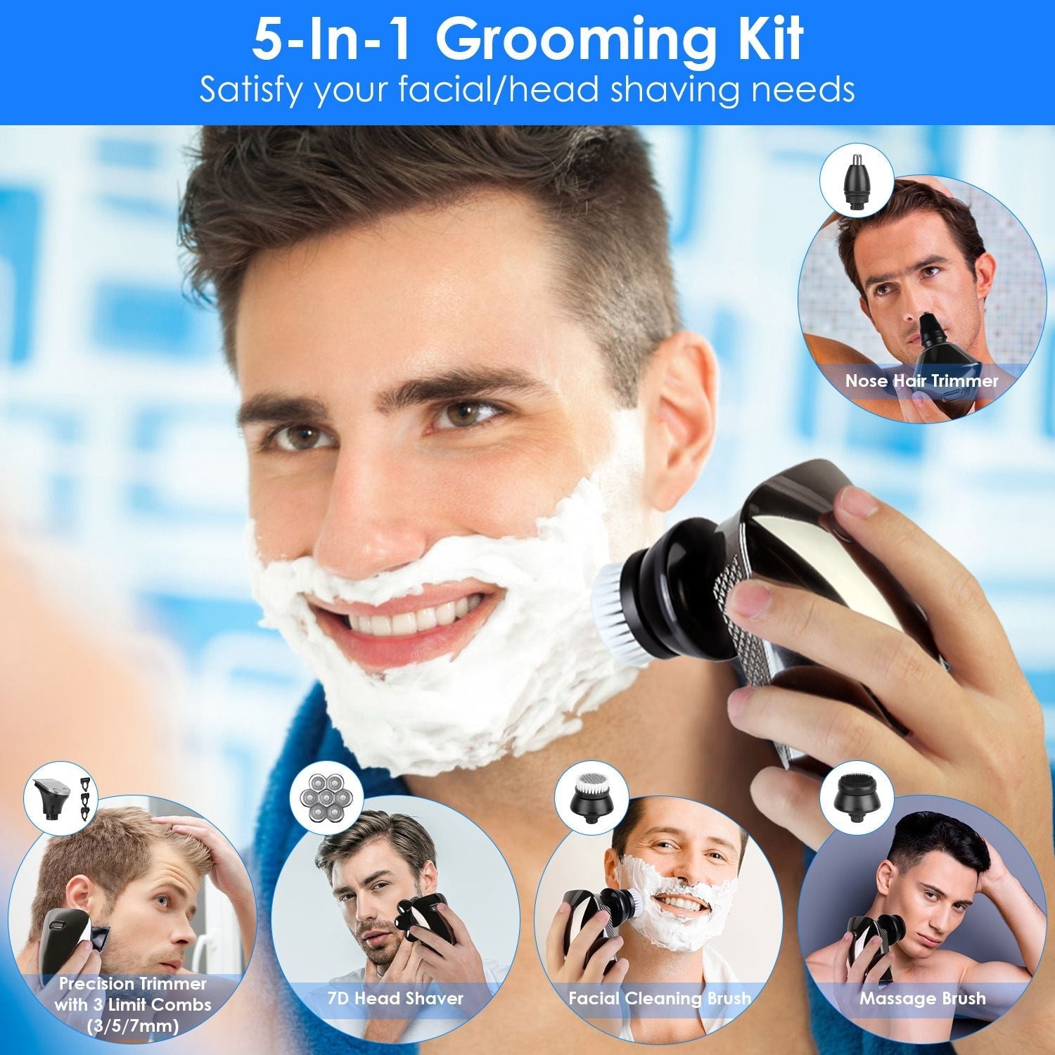 Head Shavers for Bald Men 5 In 1 7D Electric Rotary Razor Rechargeable Cordless Head Beard Trimmer Shaver Kit IPX6 Waterproof Dry Wet Grooming Kit with 3 Combs