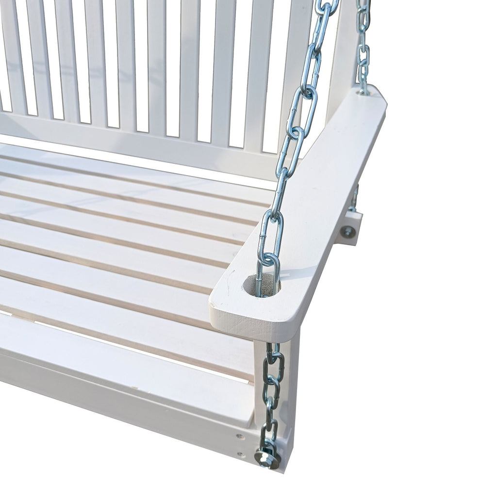 Front Porch Swing with Armrests;  Wood Bench Swing with Hanging Chains; for Outdoor Patio ; Garden Yard;  porch;  backyard;  or sunroom; Easy to Assemble; white