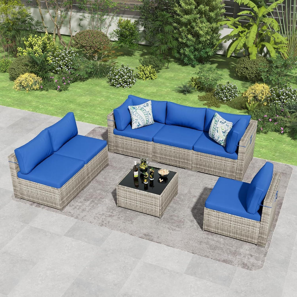 7 Pieces Outdoor Patio Furniture Set, Wicker Patio Conversation Sectional Sofa Set, All Weather PE Rattan Sofa with Glass Table and Cushions